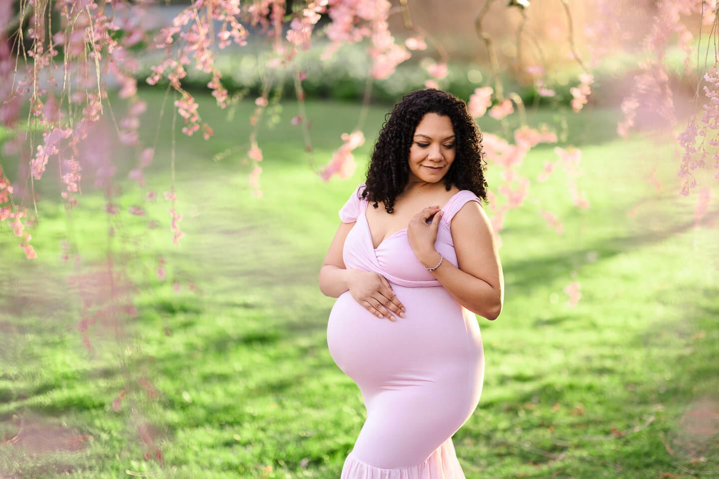 Expecting mother in a pink maternity gown posing beneath blooming cherry blossom trees during a maternity photography session in Bristol, Rhode Island.